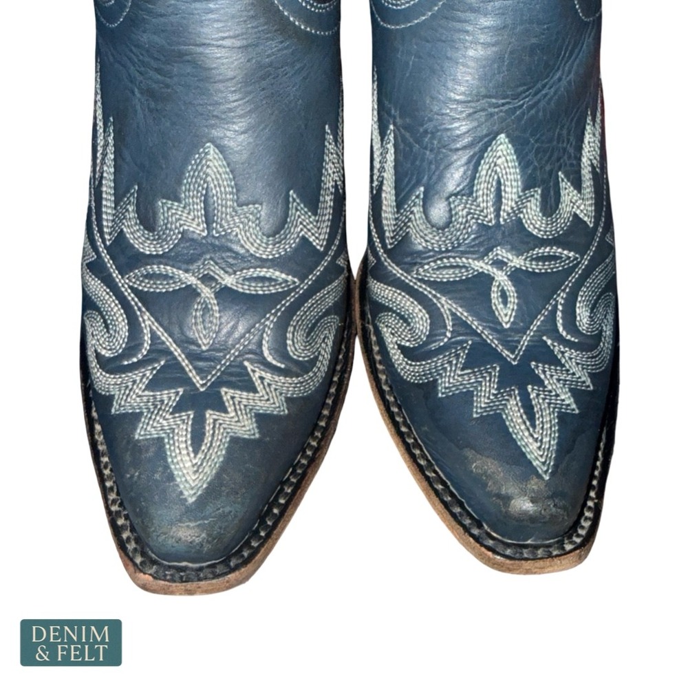 Lane Midnight‎ Blue Distressed Western Booties Snip Toe Embroidered Leather 7.5B - Picture 4 of 12